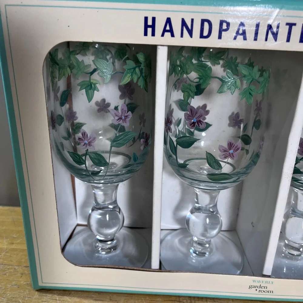 Waverly Garden Room Sweet Violets Goblets Set of 4 Purple Vtg Floral Glass